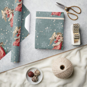Pink Christmas Angel Teal Snowflake Star Holiday   Wrapping Paper