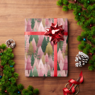 Pink Christmas Art with Gold Branches Wrapping Paper