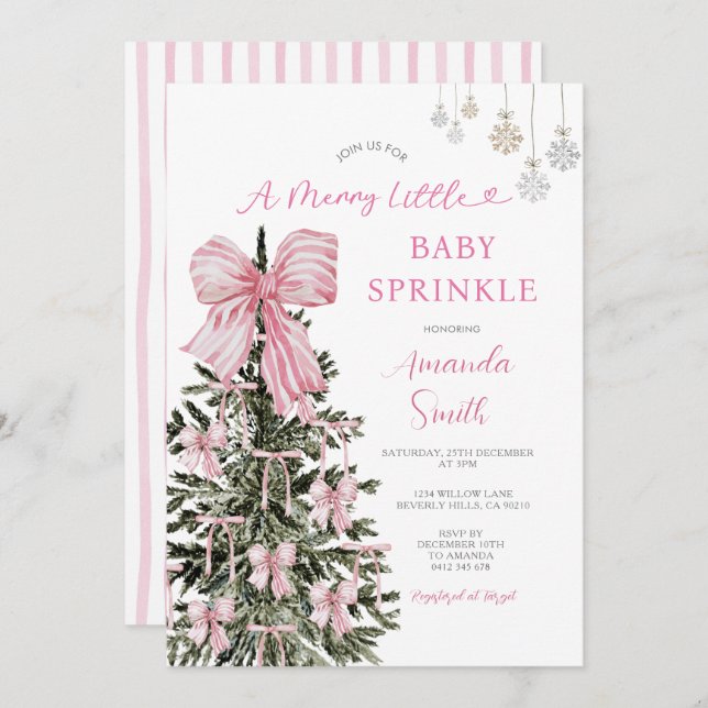 Pink Christmas Baby Sprinkle Stripes Invitation (Front/Back)