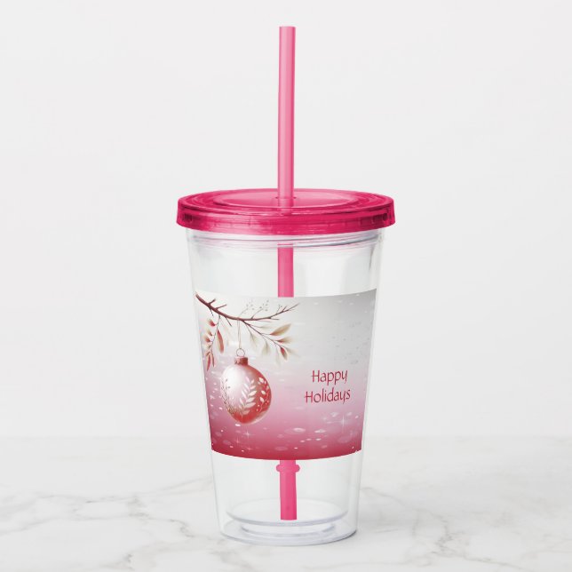 Pink Christmas Ball Holiday Acrylic Tumbler (Front)