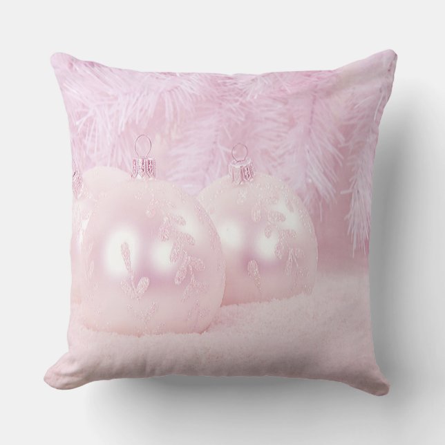 Pink Christmas Balls on Snow & Pink Background Throw Pillow (Front)