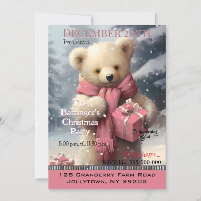 Pink Christmas Bear Annual Party Invite (Front)