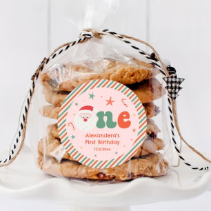 Pink Christmas Birthday Party 1st Favour Classic Round Sticker