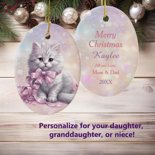 Pink Christmas Bow White Kitten Kids Ceramic Ornament (Creator Uploaded)