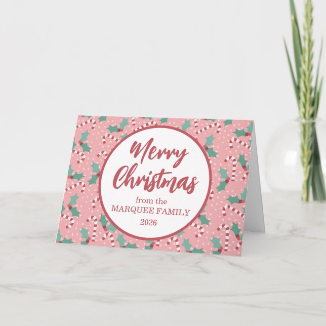 Pink Christmas Candy Cane Holiday Card (Front)