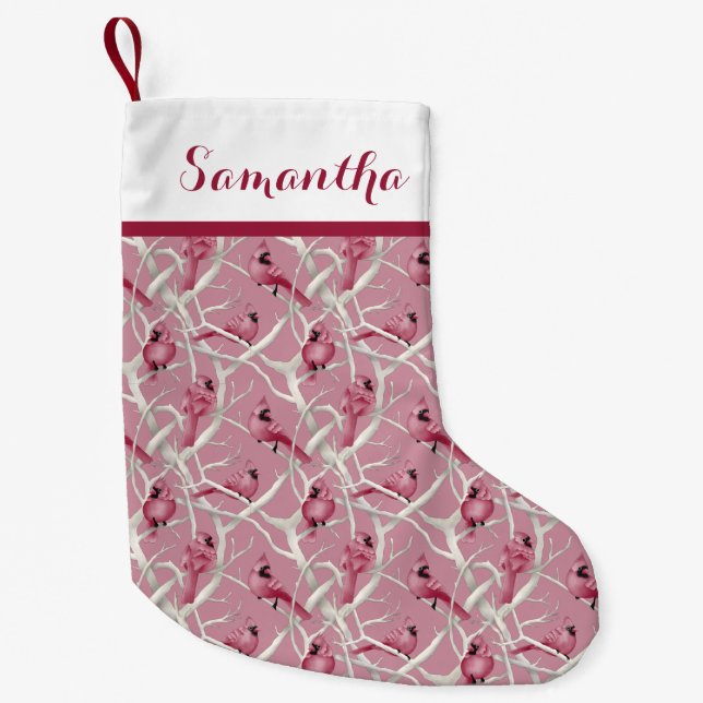 Pink Christmas Cardinal Birds Personalized Name Small Christmas Stocking (Front)