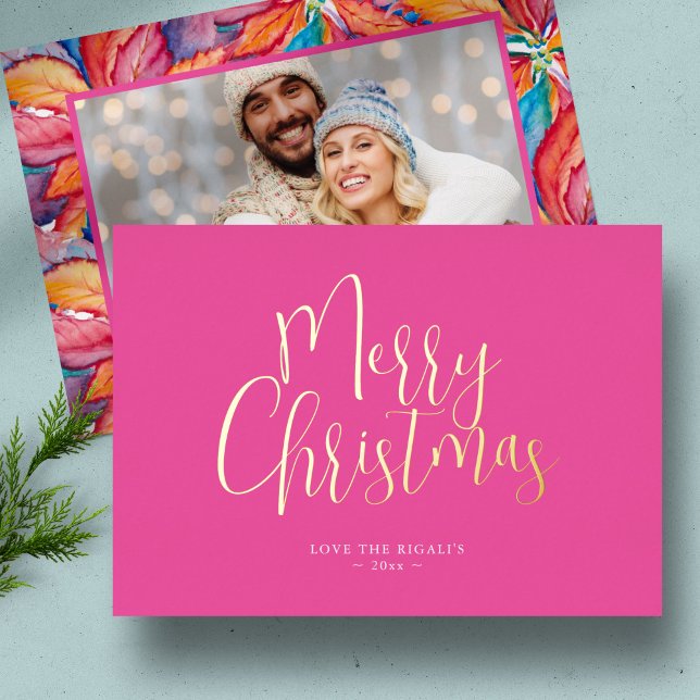 Pink Christmas Cards with Photo (Unique photo pink Christmas card watercolor art and design by Victoria Grigaliunas)