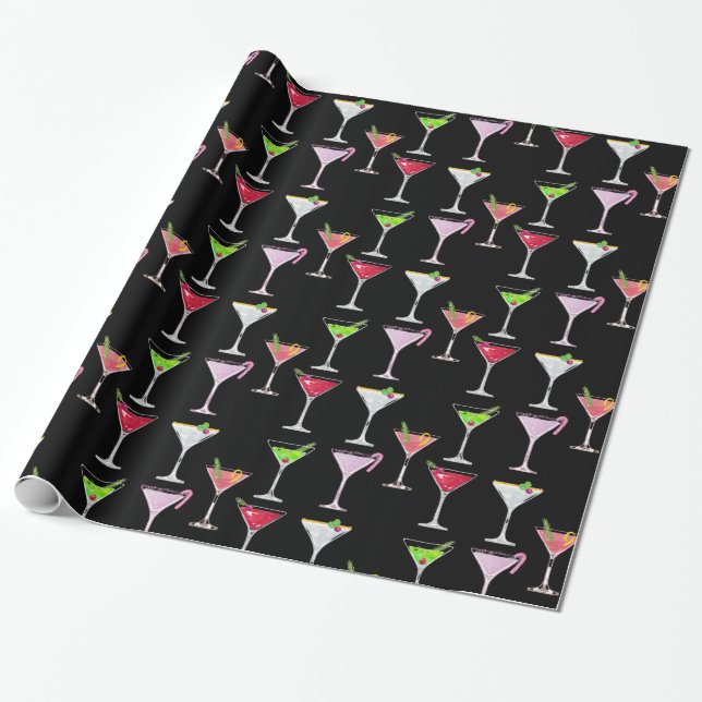Pink Christmas Cocktail/Black Wrapping Paper (Unrolled)