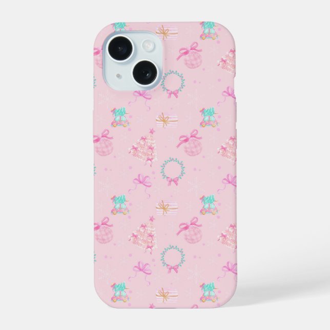Pink Christmas Coquette Bow Seamless Pattern iPhone 15 Case (Back)