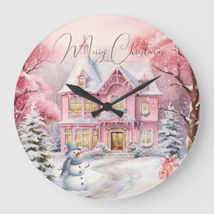 Pink Christmas Country Cottage Holiday Wall Large Clock