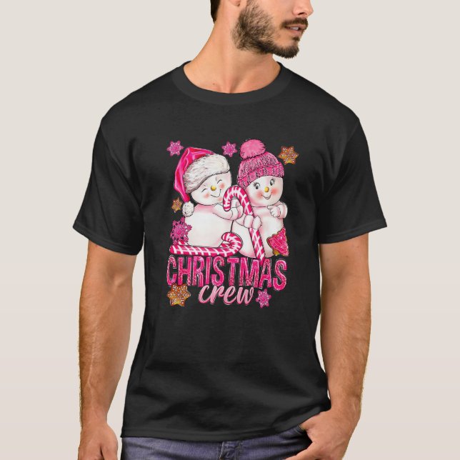 Pink Christmas Crew Snowman With Candy Cane Xmas H T-Shirt (Front)