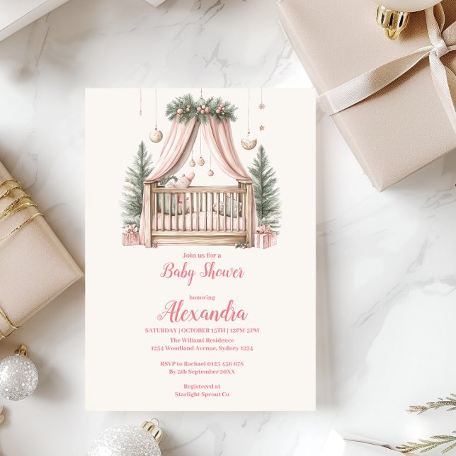 Pink Christmas Crib Baby Shower Invitation (Creator Uploaded)
