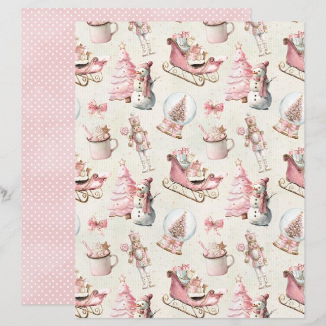 Pink Christmas Cute Pastel Scrapbook Paper (Front/Back)