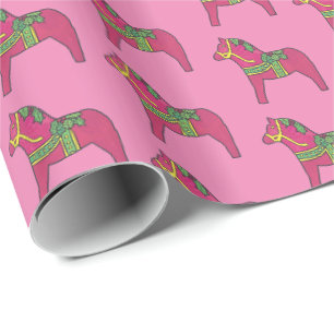 Pink Christmas Dala Horse Wrapping Paper