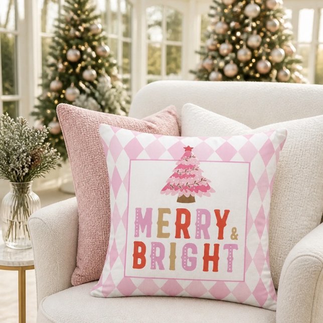 Pink Christmas Diamond Pattern Merry and Bright Throw Pillow (Creator Uploaded)
