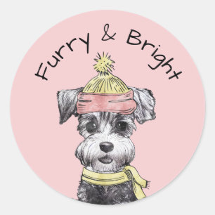 Pink Christmas Dog Furry & Bright Terrier Cute Classic Round Sticker