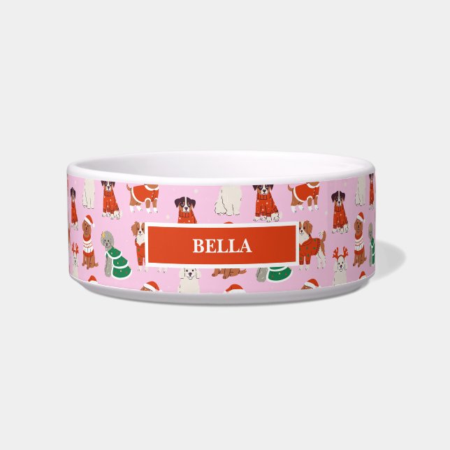 Pink Christmas Dogs Personalized Pet Bowl (Front)
