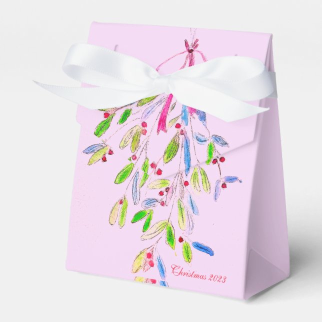 Pink Christmas Favor Box with Mistletoe (Front Side)