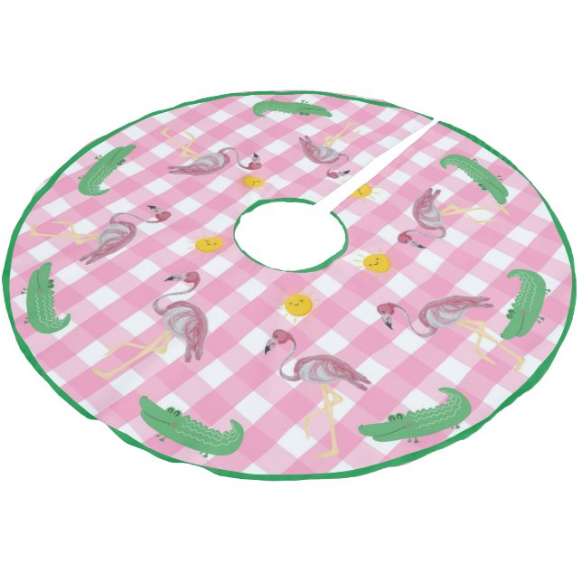 Pink Christmas Flamingo Alligator   Brushed Polyes Brushed Polyester Tree Skirt (Angled)