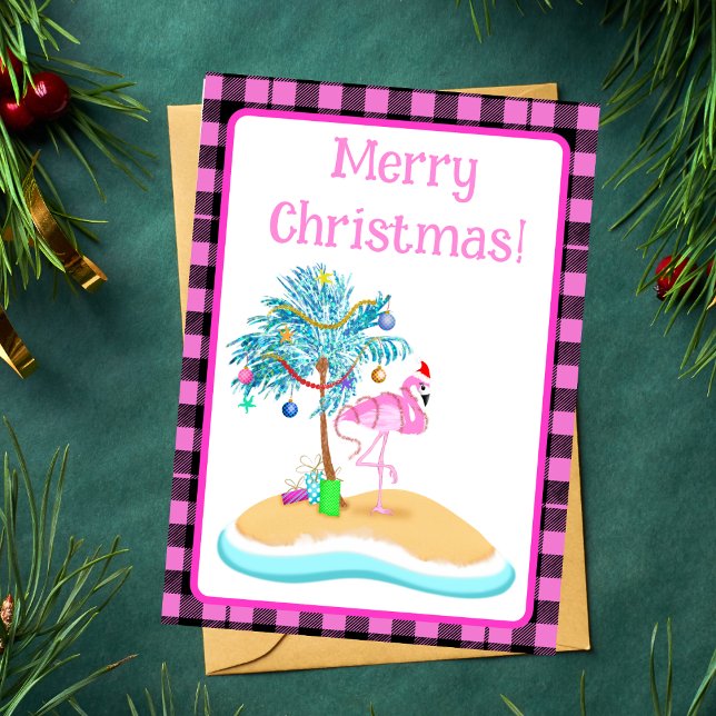 Pink Christmas Flamingo And Glitter Palm Tree  Holiday Card (A tropical Flamingo enjoying Christmas! Perfect as a printed card and digital download.)