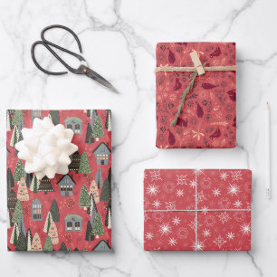 Pink Christmas Forest Village Birds Snowflakes Wrapping Paper Sheet