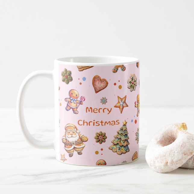 Pink Christmas Fun Cute Gingerbread Coffee Mug (With Donut)
