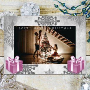 Pink Christmas Gifts and Snowflakes Photo Card