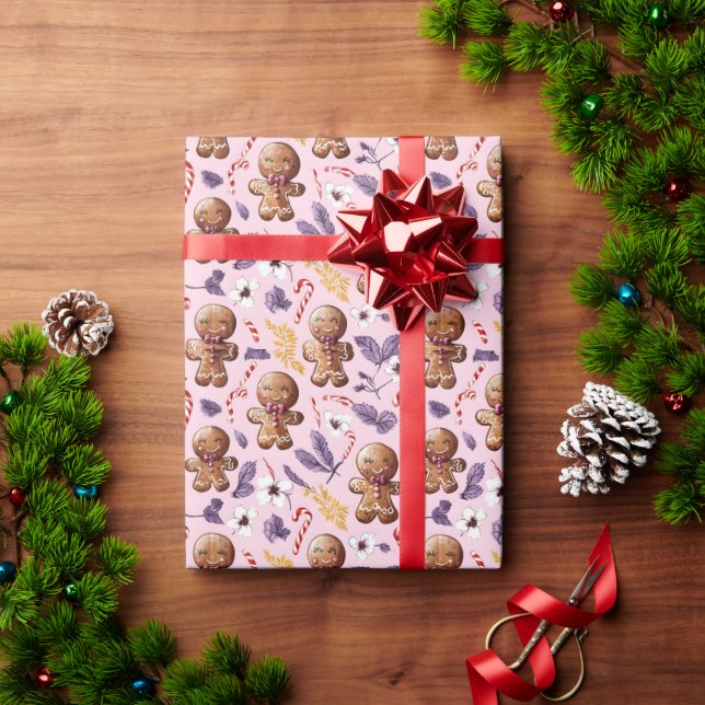 Pink Christmas Gingerbread and Candy Canes Wrapping Paper (Holiday Gift)