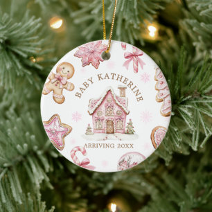 Pink Christmas Gingerbread Cookie Baby Arriving Ceramic Ornament