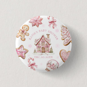 Pink Christmas Gingerbread Cookie Baby Shower Girl 1 Inch Round Button