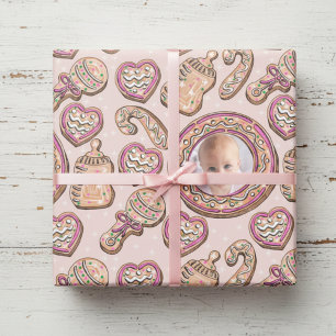 Pink Christmas Gingerbread Cookies Baby Photo Wrapping Paper