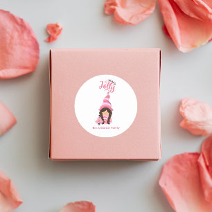 Pink Christmas Girl Gnome With Dark Hair Jolly Classic Round Sticker