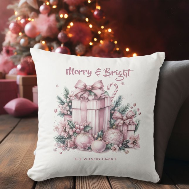 Pink Christmas Glam Merry Décor Personalized Throw Pillow (pink christmas ideas glam personalized throw pillow decor watercolor presents baubles decorations)