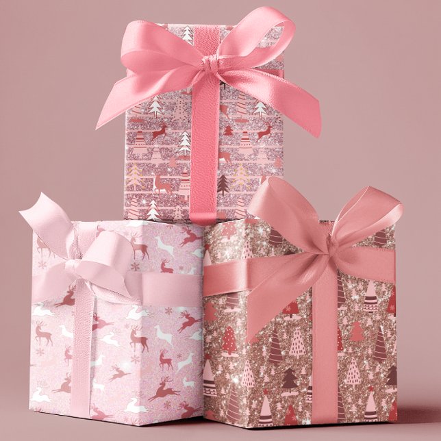 Pink  Christmas  Glitter Look Trees Reindeer  Wrapping Paper Sheet (Creator Uploaded)