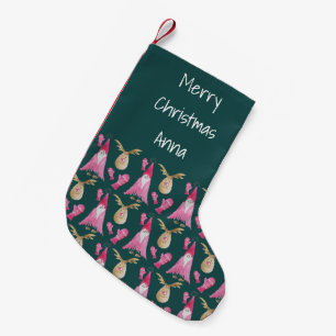 Pink Christmas Gnome And Reindeers With Gloves Small Christmas Stocking