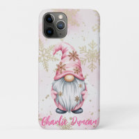 Pink Christmas Gnome Gold Snowflakes