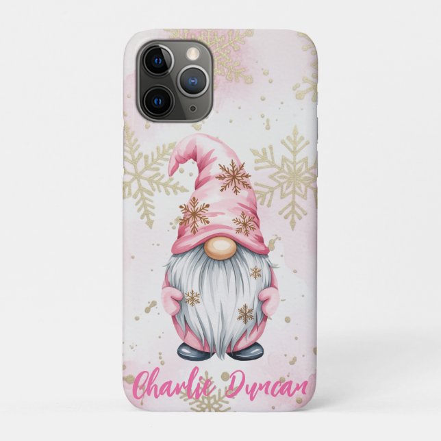 Pink Christmas Gnome Gold Snowflakes Case-Mate iPhone Case (Back)
