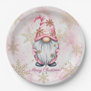 Pink Christmas Gnome Gold Snowflakes Paper Plate
