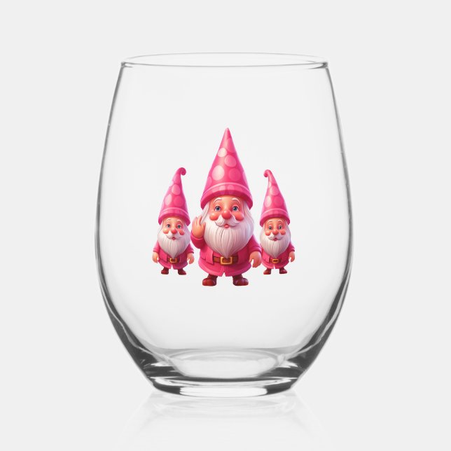Pink Christmas Gnome Stemless Wine Glass (Front)