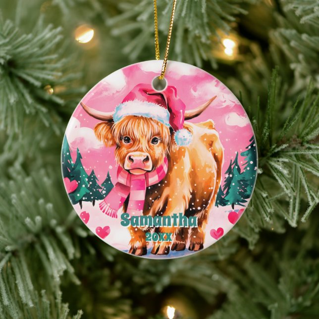 Pink Christmas Highland Cow Kids Photo Ornament (Tree)