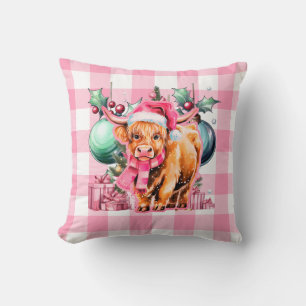 Pink Christmas Highland Cow Merry Christmas Plaid Throw Pillow