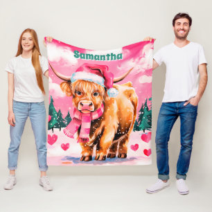 Pink Christmas Highland Cow Personalized Kids Name Fleece Blanket