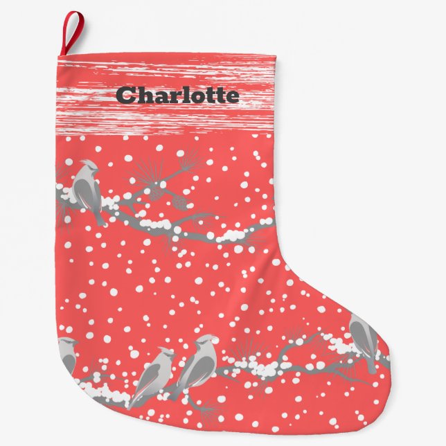 Pink Christmas Holiday Birds and Snow Stocking (Front)