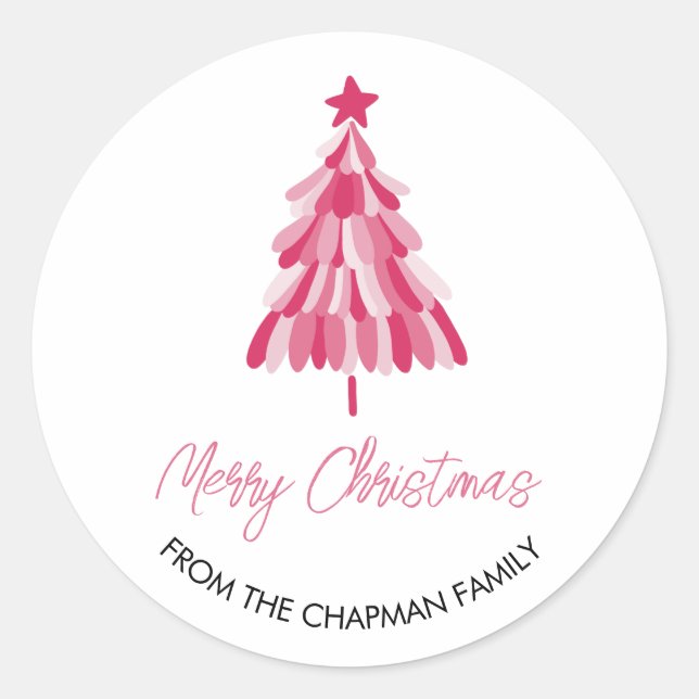 Pink Christmas Holiday tree Classic Round Sticker (Front)