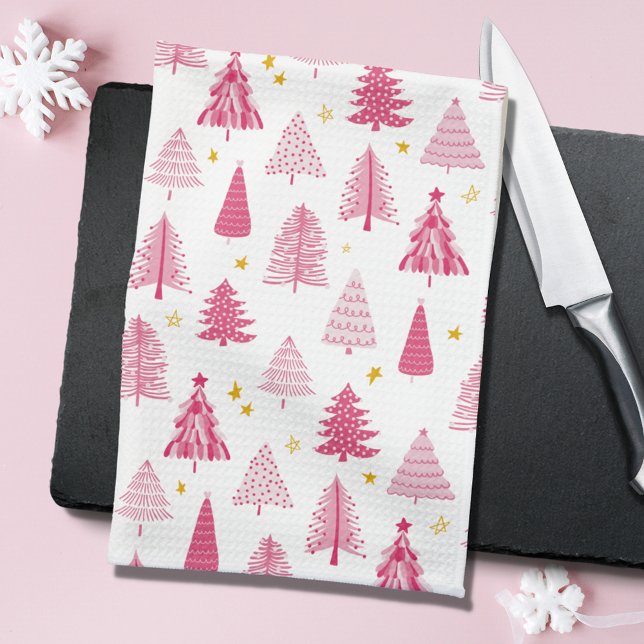 Pink Christmas Holiday tree Kitchen Towel (Christmas Tree Forest Kitchen Tea Towel in pink and white)