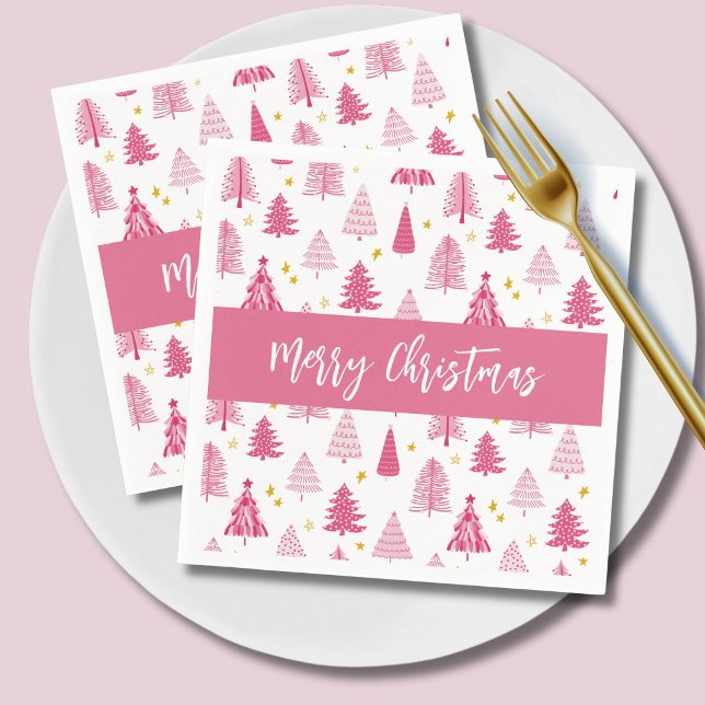 Pink Christmas Holiday tree Napkin (Pink christmas tree winter forest Merry Christmas Holiday Paper Napkins)