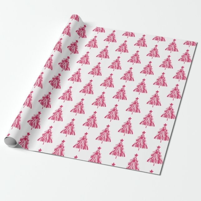 Pink Christmas Holiday tree Wrapping Paper (Unrolled)