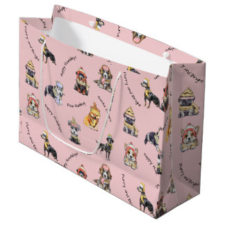 Pink Christmas Illustrated Cute Dogs Patterned Large Gift Bag