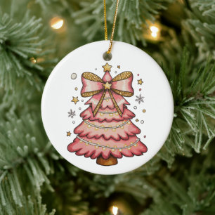 Pink Christmas Lights Tree Coquette Bow Watercolor Ceramic Ornament