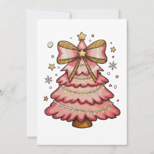 Pink Christmas Lights Tree Coquette Bow Watercolor Holiday Card